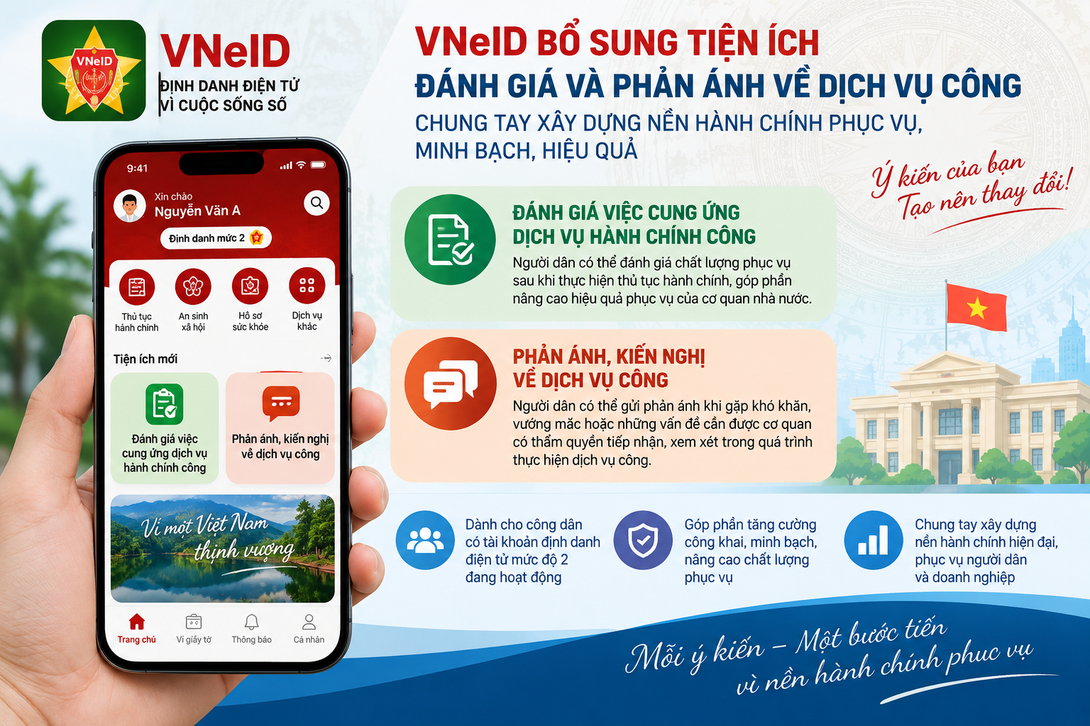 VNeID bổ sung tiện ích đánh giá và phản ánh về dịch vụ công, tăng cường sự tham gia của người dân
